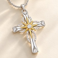 Two Tone Star Cross Necklace Alloy Clear Accents 42cm Chain Faith Gift picture