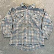 Vintage 1960s Pendleton Board Shirt Mens L Wool Gray Plaid Loop Collar picture