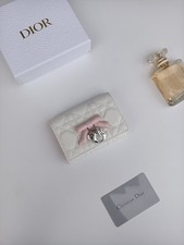 DioR Lady Cannage Quilted Lambskin White Leather Pink Bow Silver Charm Compact picture
