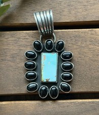 Navajo Sterling Silver Black Onyx Turquoise Cluster Pendant  La Rose picture
