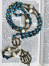 Handmade Catholic Rosary Blue Stone Beads Bronze Crucifix Virgin Mary Prayer picture