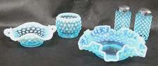 Vintage Set 5-1940s/1950s Fenton Glass Blue/Milky White Opalescent Hobnail Ribbn picture
