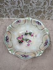 Antique German Porcelain Scalloped Serving Bowl - Pink Roses & Lusterware Rim picture