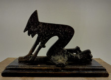 RARE Antique Cast Iron Black Witch Boot Scraper Mounted Wooden Base 8X12
