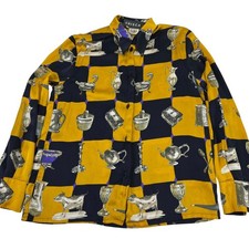 Vintage Crisca Silk Blouse Womens 36 Mustard Navy Novelty Print Made Italy picture