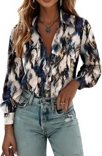 Womens Puff Sleeve Floral Print V Neck Button Down Shirt Business Casual Blouse picture