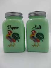 Jadeite Arch Salt Pepper Set Colorful Roosters Mid Century Retro Green Glass picture