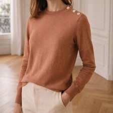 A.P.C Orange Merino Wool Sweater Crewneck Button Shoulder Size Small picture