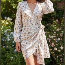 Wayf Cream Floral Long Sleeve Wrap Dress picture
