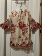 ECI New York Women's Beige Sheer Mesh Floral Embroidered Dress 3/4 Bell 6 picture