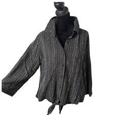 Chico's Crinkled Textured Button Blouse Striped Black Size L Black Tie Front picture