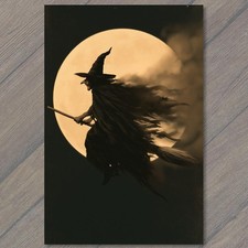 POSTCARD Witch Broomstick Full Moon Silhouette Flying Night Sky Halloween picture
