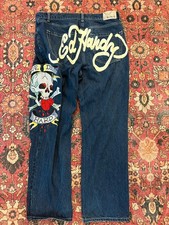 VTG Ed Hardy Men’s Blue Denim Straight Jeans Embroidered Skull Logo Pockets Sz38 picture