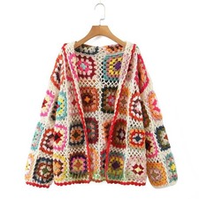Crochet Granny Square Handmade Cardigan Knit Short Rainbow Hooded Cardigan picture