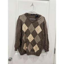 Charter Club Mens 100% Cashmere Argyle V-Neck Sweater Brown Tan Size M picture