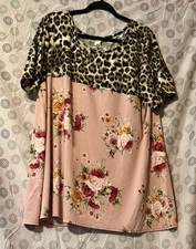 Lily Pad Women’s 3X Leopard Print Floral Tunic Top Pink Boho Lace Back picture