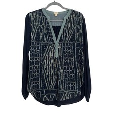 TINY by Anthropology Blouse Medium Navy Blue Excellent Orion Henley V-Neck Top picture