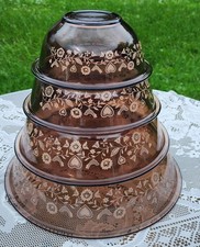 Set of 4 Vintage Pyrex Festive Harvest Smoke Brown Glass Nesting Mixing Bowls picture