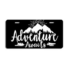 Adventure Awaits License Plate - Black and White picture