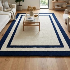 Hand Tufted Wool Rug Navy Blue Ivory Border Modern Minimalist Living Room Area R picture