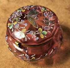 Vintage Moser Cranberry Glass with Enameled Butterfly Design Hinged Jar picture