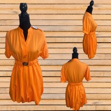 Womens Puff Short Sleeve Ruched A-line Dress Orange Flirty Sexy Size S-L picture