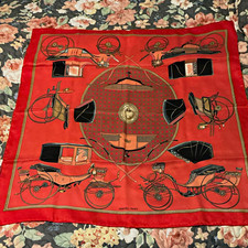 HERMÈS Silk Twill Square Scarf Carriage Horse  Red Black Beige see measurements picture