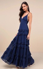 Lulus Dress Womens Small Navy Lavish Perfection Ruffled Tiered Maxi V Neck Gown picture