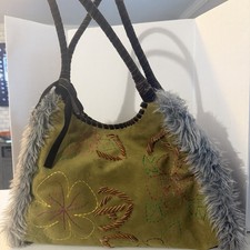 Antonio Melani Olive Green Suede Faux Fur  Wrapped Handles Artsy Boho Bag picture