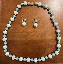 Vintage Necklace Earrings Set Signed VOGUE Ceramic Etched Beads Liebes Box READ picture