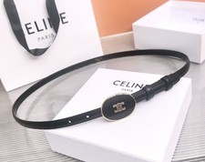 Women's Celin*e 1.3cm/0.51in Black Leather Belt gold retro oval badge  Small picture