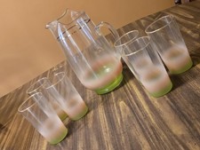 Vtg MCM Blendo Frosted Glass Pitcher And 6 Glasses w/Gold Rim picture