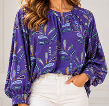 LOFT Women’s XL Purple Paisley Floral Blouse Long Sleeve Button Neck 100% Viscos picture