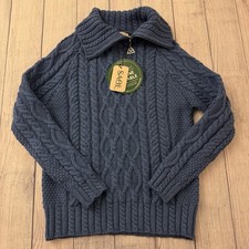 SAOL Ireland Merino Wool Cable Knit Quarter Zip Sweater Blue Womens Size Small picture