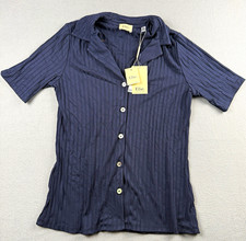 Elie Elie Tahari Womens Ribbed Knit Short Sleeve Button Up Top Navy Medium NWT picture