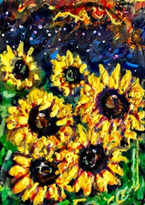 ACEO Original PAINTING Autumn SUNFLOWERS Night FARM Leaf Stars Landscape ATC ART picture