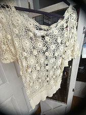 KENAR Women’s Ivory Crochet Open-Knit Pullover Sweater Short Sleeve Size L picture