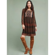 AKEMI+KIM Anthropologie Embroidered Boho Mini Dress Black Floral Sheer Sleeve XS picture