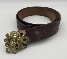 VTG 70s Brutalist Abstract Flower Belt Buckle & Hand Tooled Leather Belt Hippie picture