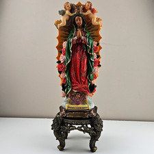 Virgen de Guadalupe Virgin Mary Statue Figure w/ Cherubs Crown Roses Plaque picture