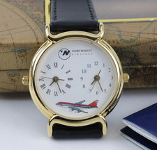 Vintage Northwest Airlines Dual Time Watch 32mm Round White Dial w/Original Box picture