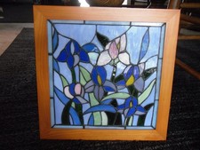 Vintage Stained Glass Wood Framed Floral Iris Panel Suncatcher 13