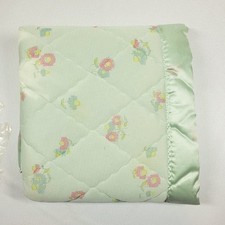 VTG Toddletime Satin Edge Baby Blanket Quilted 36x50 JC Penneys Green Floral picture