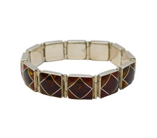 Sterling Silver Modernist Baltic Amber Section Panel Bracelet Vintage London picture
