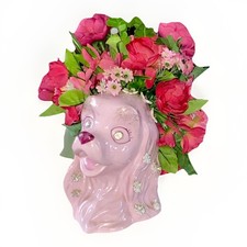 VTG Lefton MCM Pink Dog Planter Vase Spaghetti Flowers Rhinestone Eyes 1950’s picture