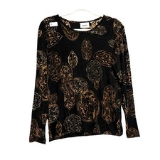 Chico's Travelers Women's Long Sleeve Top Black Tan Muted Medallion Print Stretc picture