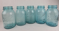 5 Vtg BALL PERFECT MASON Aqua Blue Quart Canning Jars 1910-1933 picture