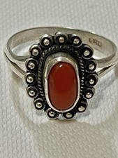 VTG Southwest Native American Sterling Silver Coral Ring Sz 7.5 picture