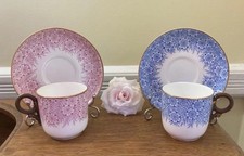 Antique 1886 Royal Worcester 2 Sets Demitasse Cups Saucers Chintz in Blue & Pink picture