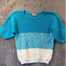 Vintage Adele Knitwear Blue White Colorblock Short Sleeve Sweater Coastal Chunky picture